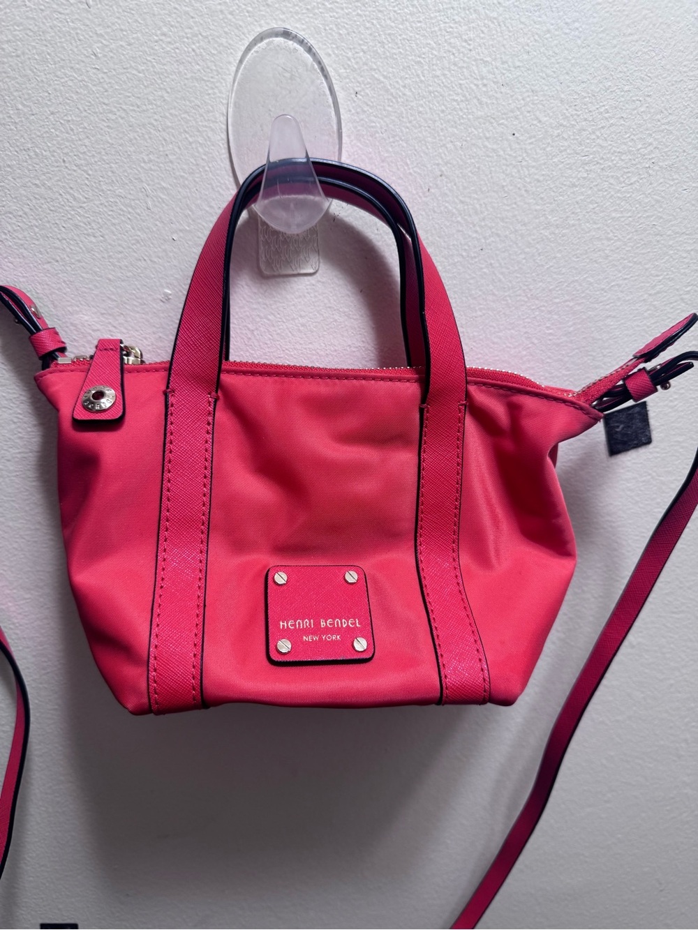 henri bendel orange/ coral nylon mini tote with crossbody strap